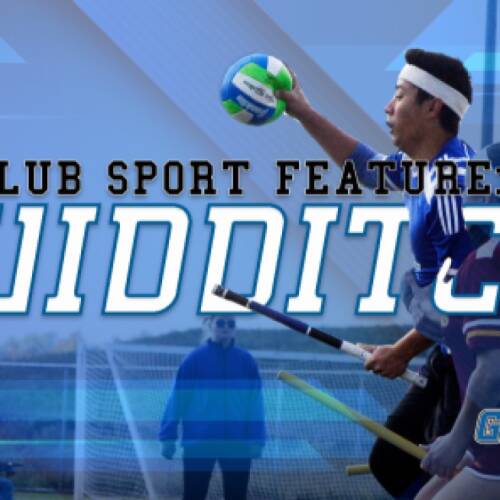 Quidditch athlete races against Central athlete to score during Quidditch match.